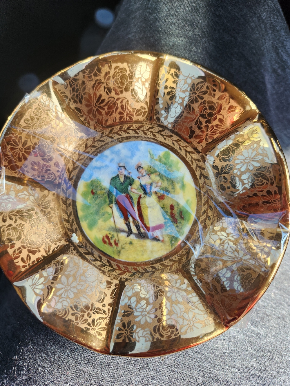 Gold Decorative Porcelain Accent Plate with Romantic Scene